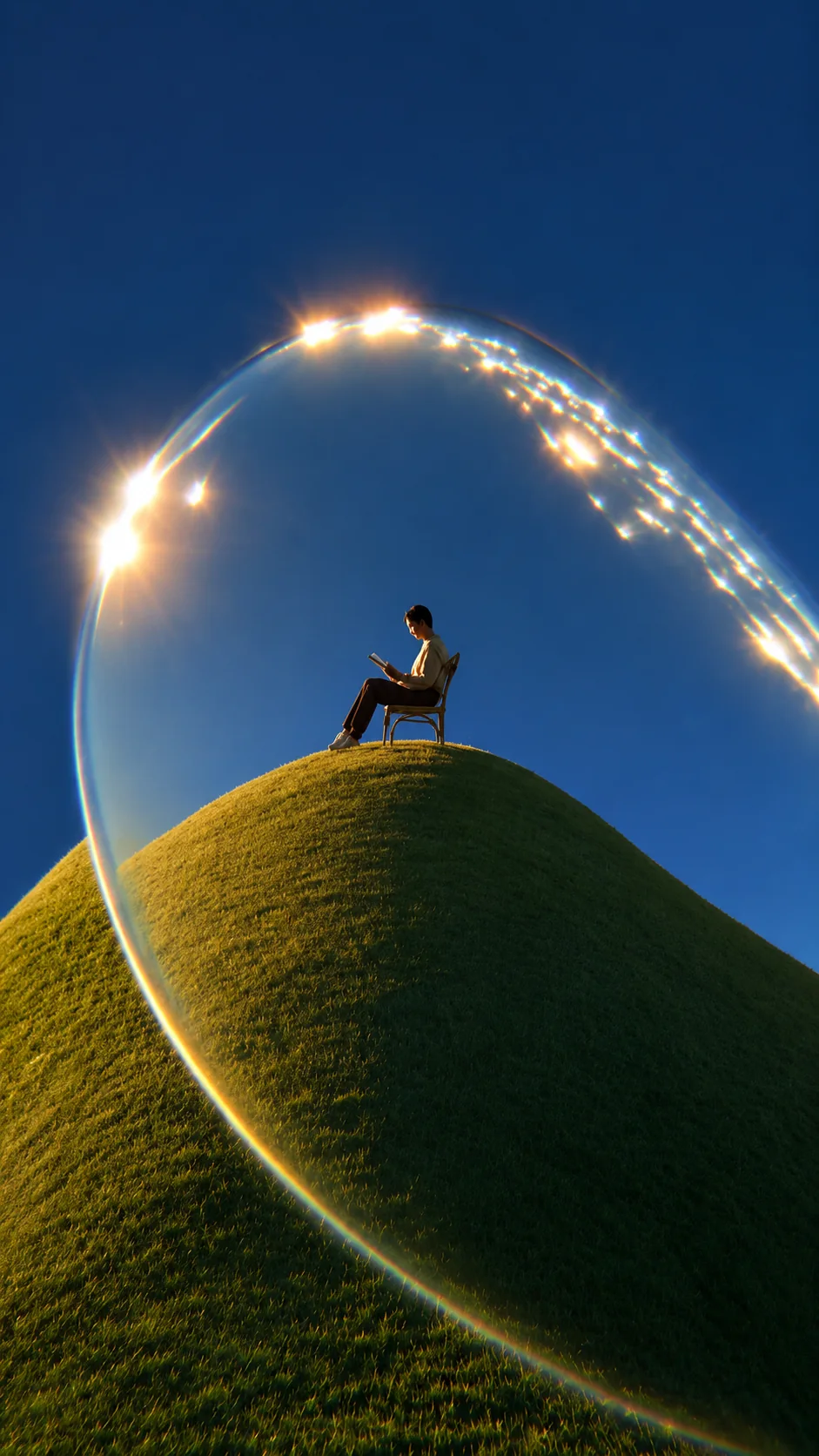 山丘顶端在光罩中阅读的人